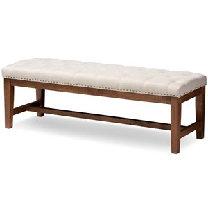 baxton studio ainsley tufted bench in light beige and walnut brown