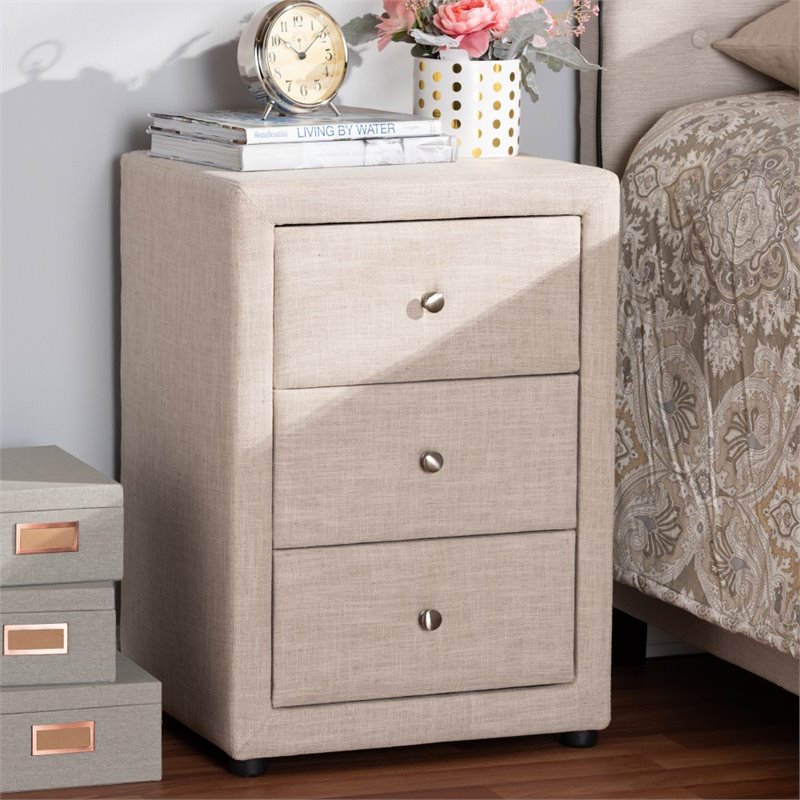 Baxton Studio Tessa 3 Drawer Fabric Upholstered Nightstand in Beige