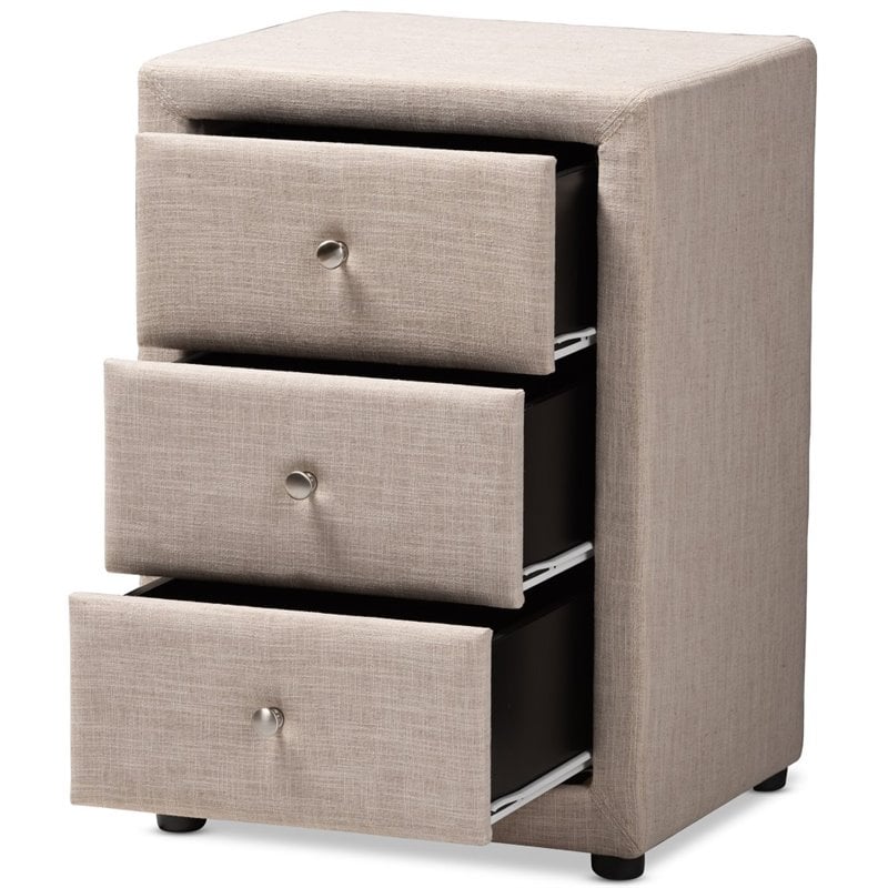 Baxton Studio Tessa 3 Drawer Fabric Upholstered Nightstand in Beige
