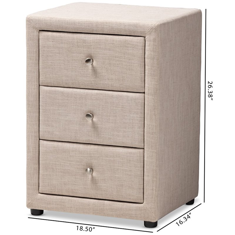 Baxton Studio Tessa 3 Drawer Fabric Upholstered Nightstand in Beige