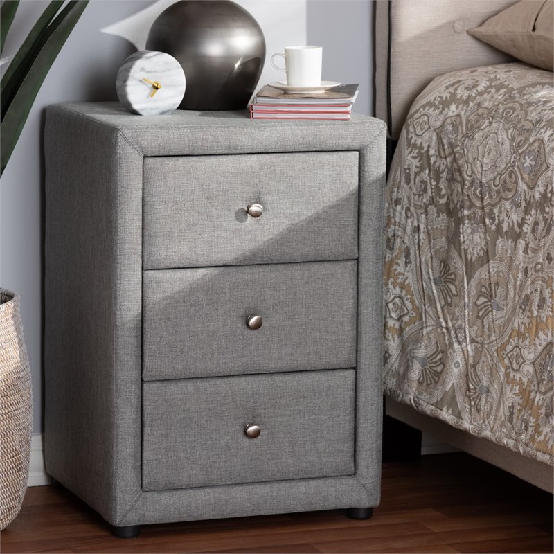 Baxton Studio Tessa 3 Drawer Fabric Upholstered Nightstand in Grey
