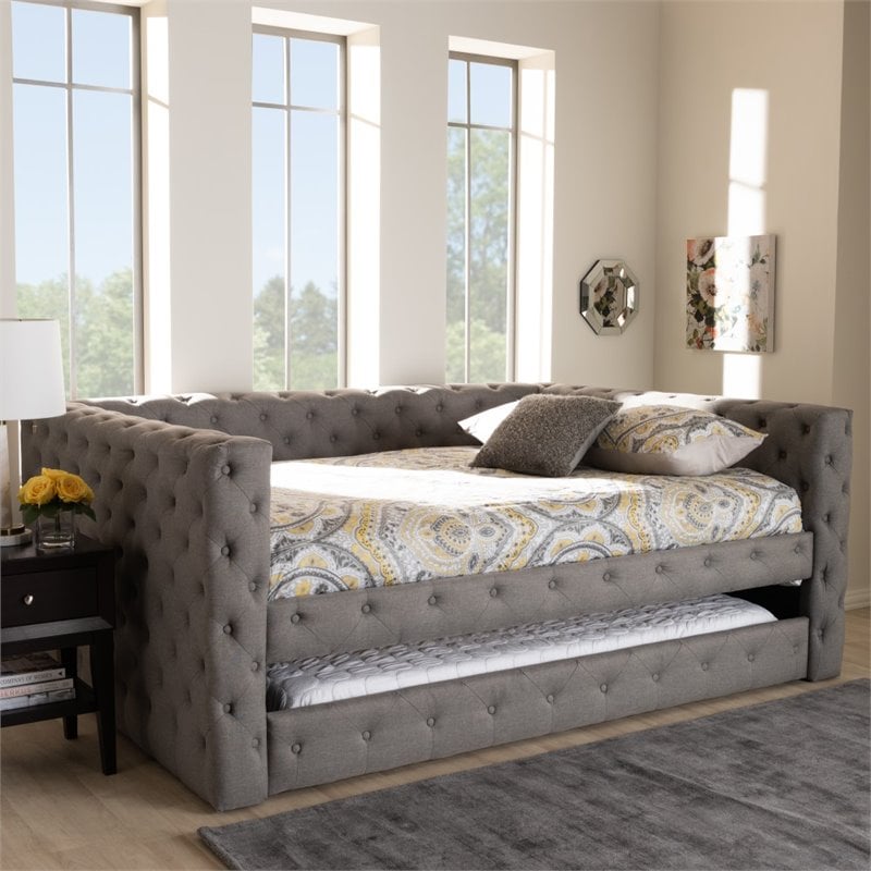 Baxton Studio Anabella Tufted Queen Daybed with Trundle in Grey