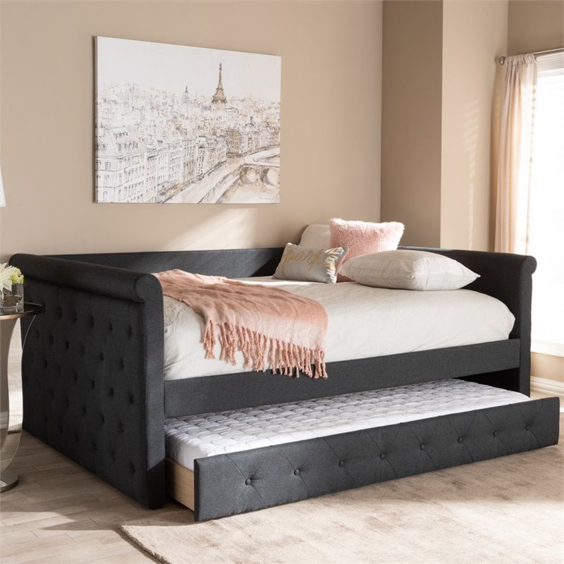 Baxton Studio Alena Tufted Full Daybed with Trundle in Dark Grey
