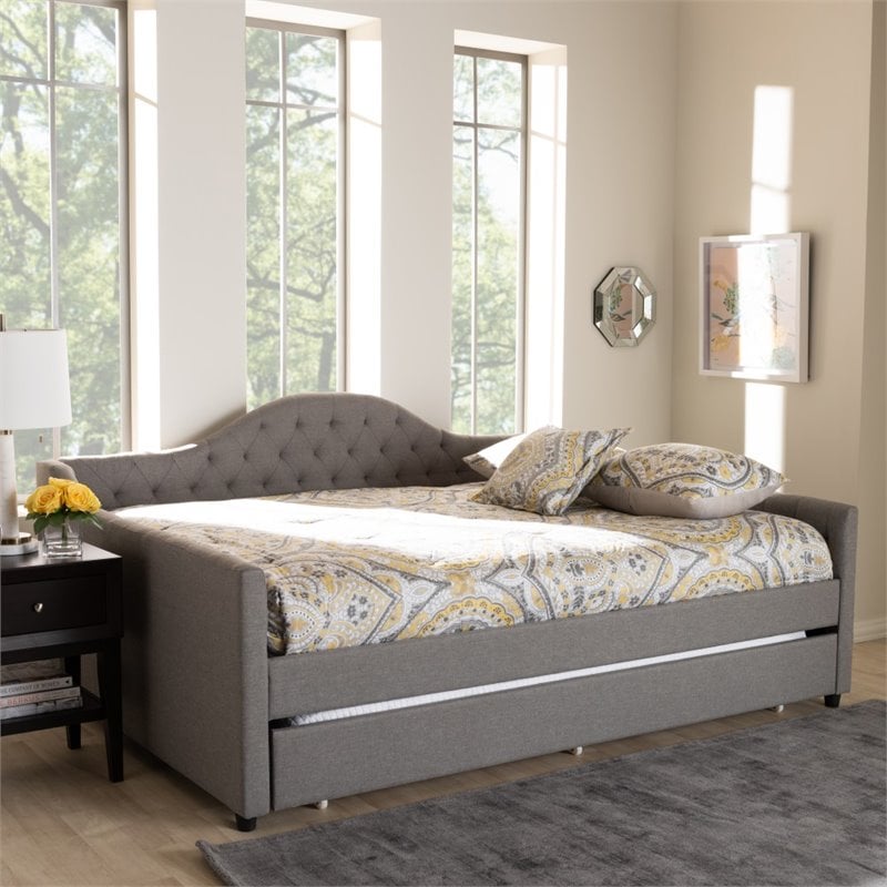 Baxton Studio Eliza Tufted Queen Daybed with Trundle in Grey