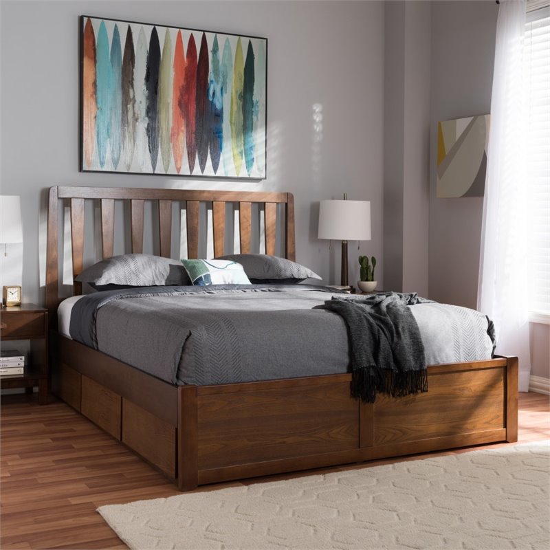 Baxton Studio Raurey Queen Spindle Storage Platform Bed in Walnut