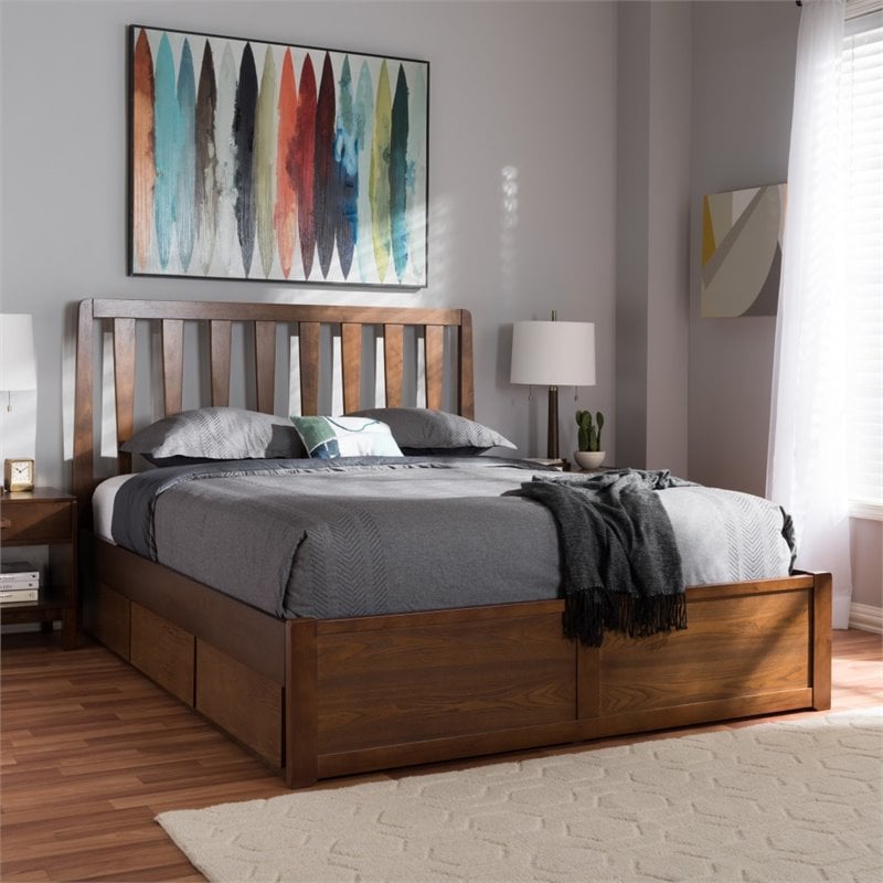 Baxton Studio Raurey King Spindle Storage Platform Bed in Walnut