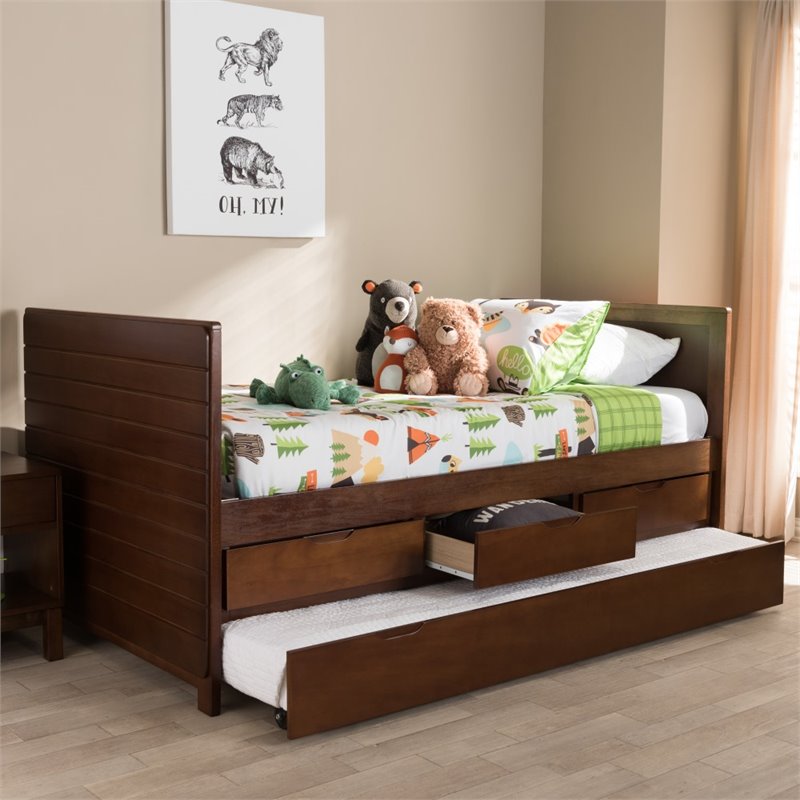 Baxton Studio Linna Storage Daybed with Trundle in Walnut Brown