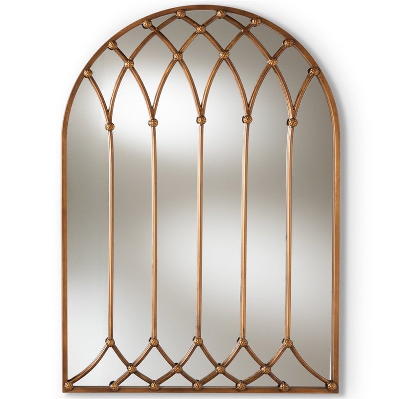 Baxton Studio Freja Decorative Arched Window Wall Mirror in Bronze