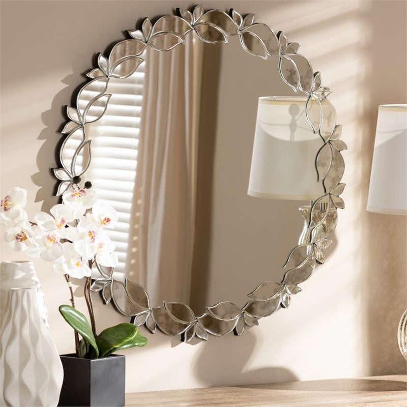Baxton Studio Luiza Round Petal Decorative Wall Mirror in Silver