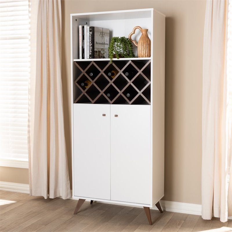 Baxton Studio Serafino Wood Wine Cabinet in White and Walnut