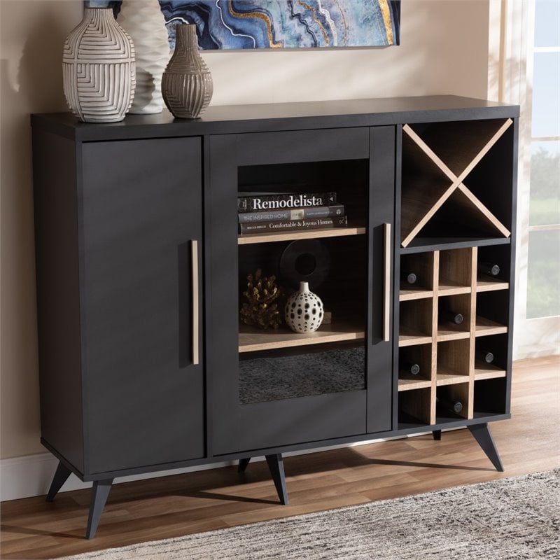 Baxton Studio Pietro Wine Cabinet in Dark Grey and Oak