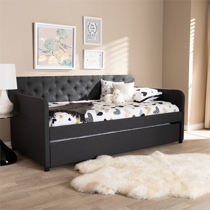 Baxton Studio Camelia Fabric Tufted Twin Daybed in Charcoal Grey
