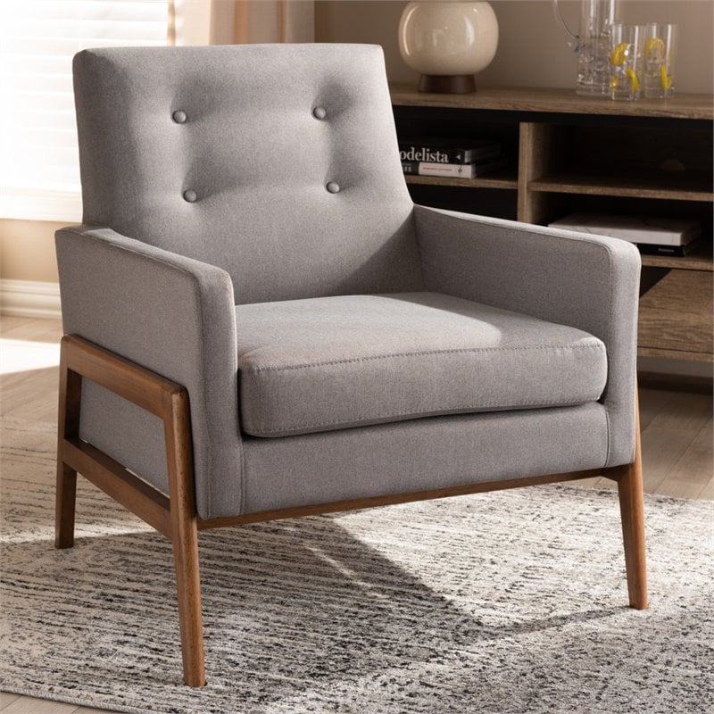 Baxton Studio Perris Upholstered Lounge Chair in Grey and Walnut