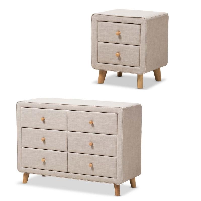 Jonesy 2 Piece Linen Upholstered Drawer Dresser And Nightstand Set