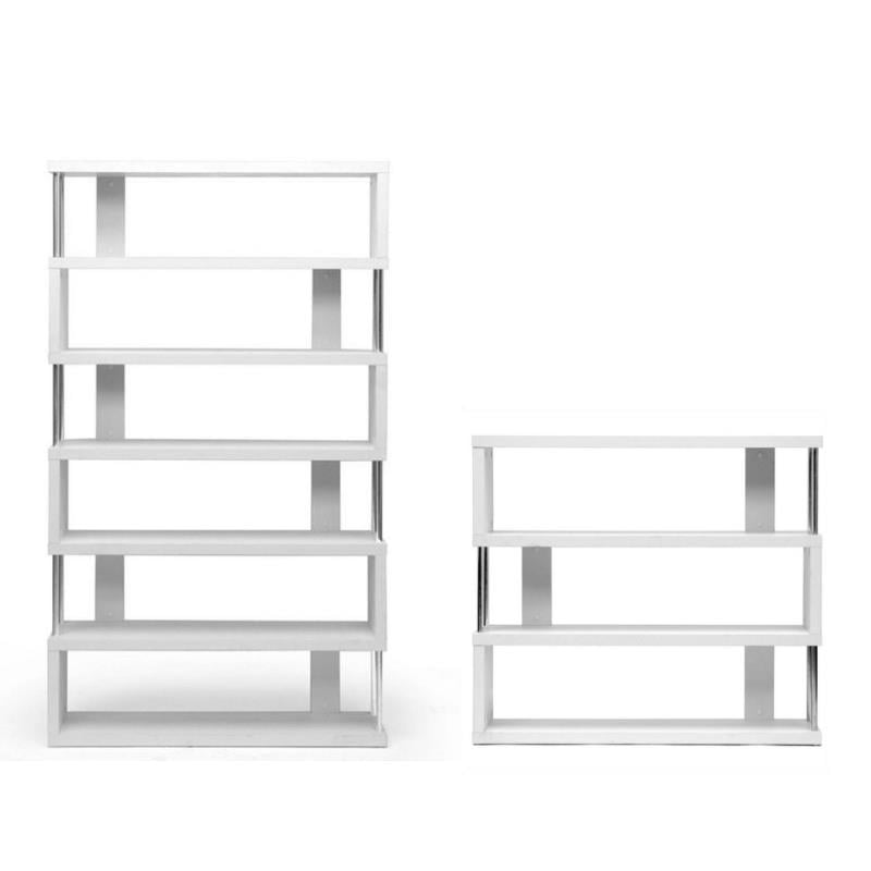2 Piece Modern Tall and Short Bookcase Set in White