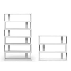 2 piece modern tall and short bookcase set in white
