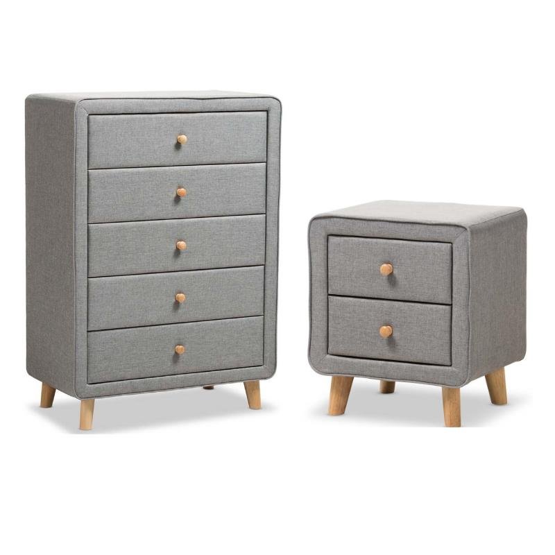 Jonesy 2 Piece Fabric Upholstered Chest And Nightstand Set In Gray