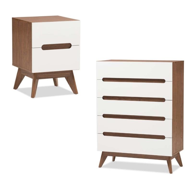 Calypso 2 Piece Mid Century Modern Chest And Nightstand Set In White Walnut 1901996 Pkg