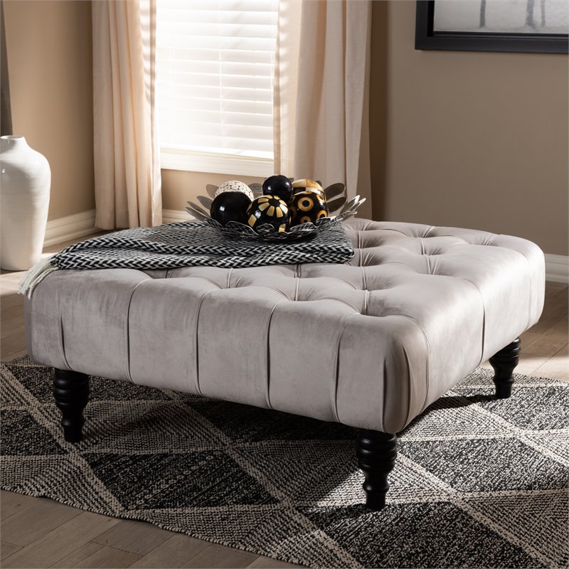 Baxton Studio Keswick Grey Velvet Upholstered Button Tufted Ottoman