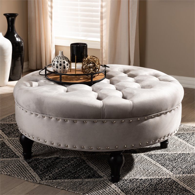 Baxton Studio Palfreyl Grey Velvet Upholstered Button Tufted Ottoman
