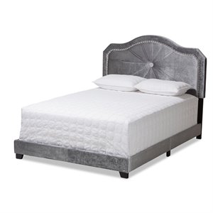 Baxton Studio Embla Grey Velvet Fabric Upholstered Queen Size Bed