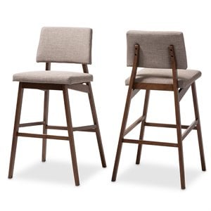 Baxton Studio Colton 30&quotH Upholstered Walnut Wood Bar Stool Light Gray Set of 2