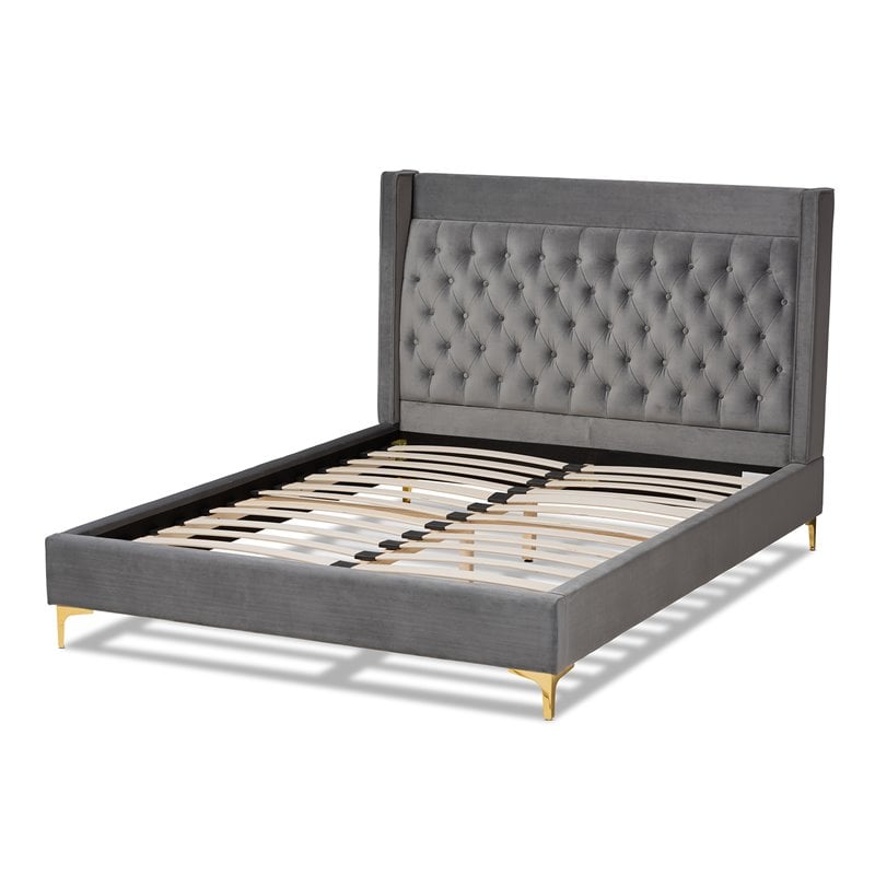 Baxton Studio Valery Tufted Velvet Fabric Platform Queen Bed in Dark Gray