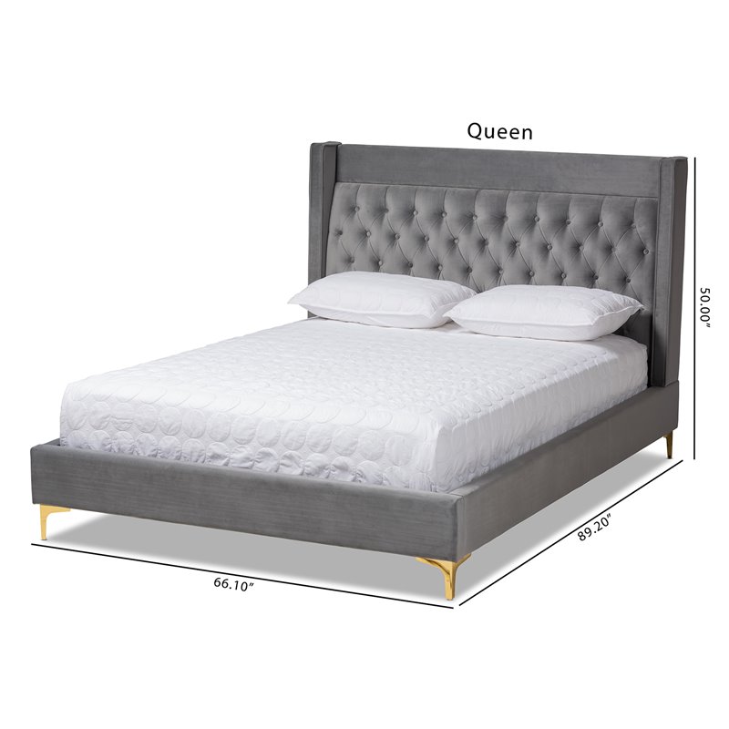 Baxton Studio Valery Tufted Velvet Fabric Platform Queen Bed in Dark Gray