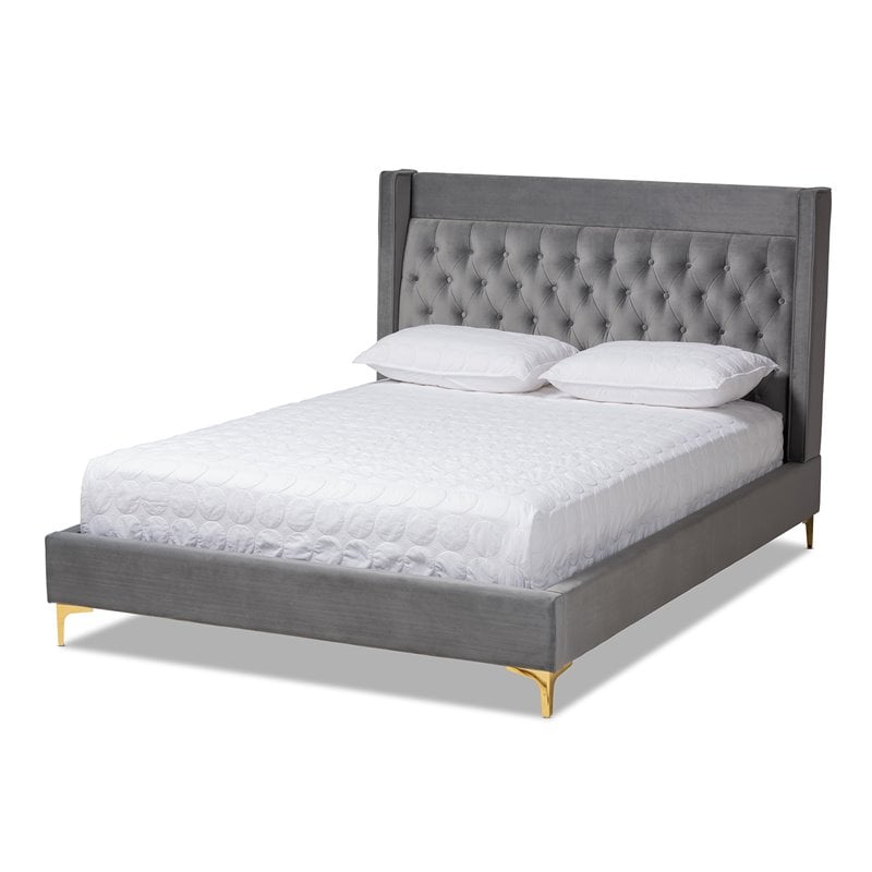 Baxton Studio Valery Tufted Velvet Fabric Platform Queen Bed in Dark Gray