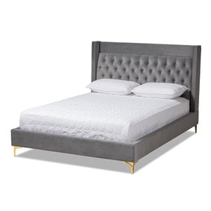 Baxton Studio Valery Tufted Velvet Fabric Platform Queen Bed in Dark Gray