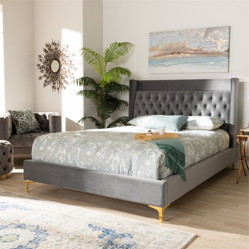 Baxton Studio Valery Tufted Velvet Fabric Platform King Bed in Dark ...