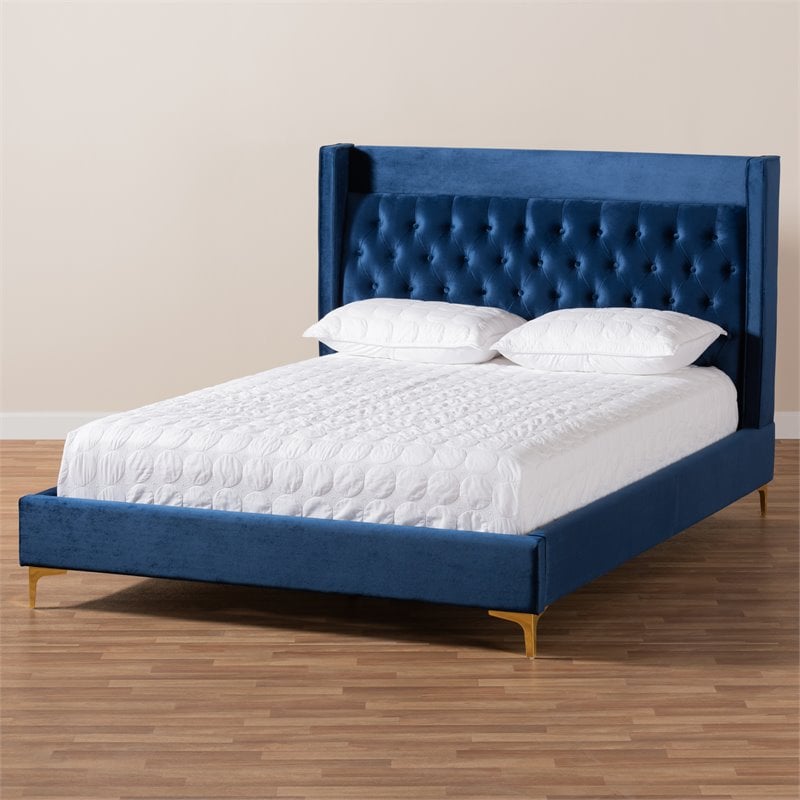 Baxton Studio Valery Tufted Velvet Fabric Platform King Bed In Navy Blue