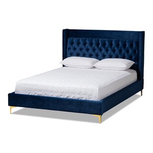 baxton studio valery tufted velvet fabric platform king bed in navy blue