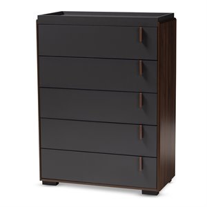 baxton studio rikke two-tone 5-drawer wood chest in gray and walnut