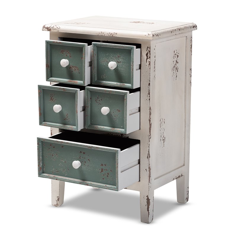 Baxton Studio Angeline Farmhouse 5-Drawer Wood End Table in White and Teal