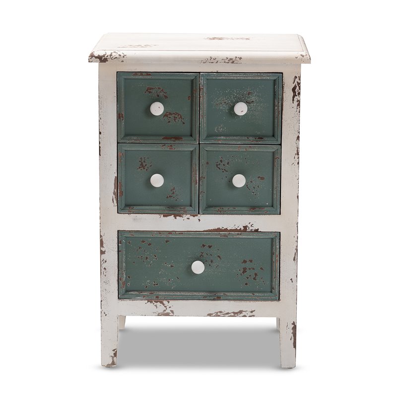 Baxton Studio Angeline Farmhouse 5-Drawer Wood End Table in White and Teal