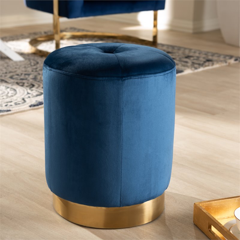 Baxton Studio Alonza Modern Upholstered Velvet Ottoman in Navy Blue and Gold