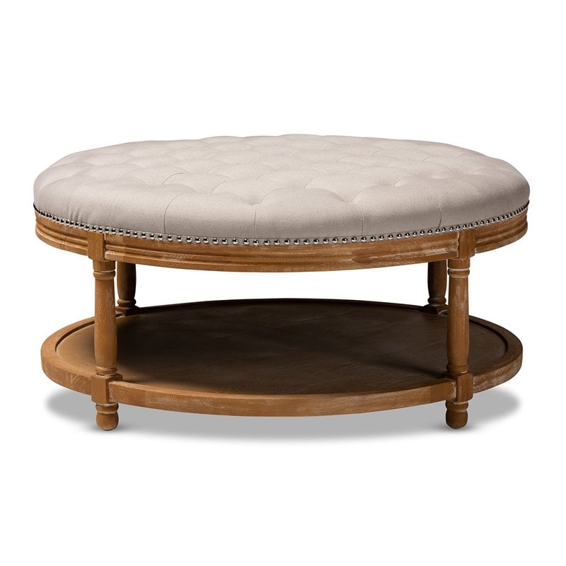 Baxton Studio Ambroise Tufted Linen Fabric and Washed Wood Coffee Table in Beige