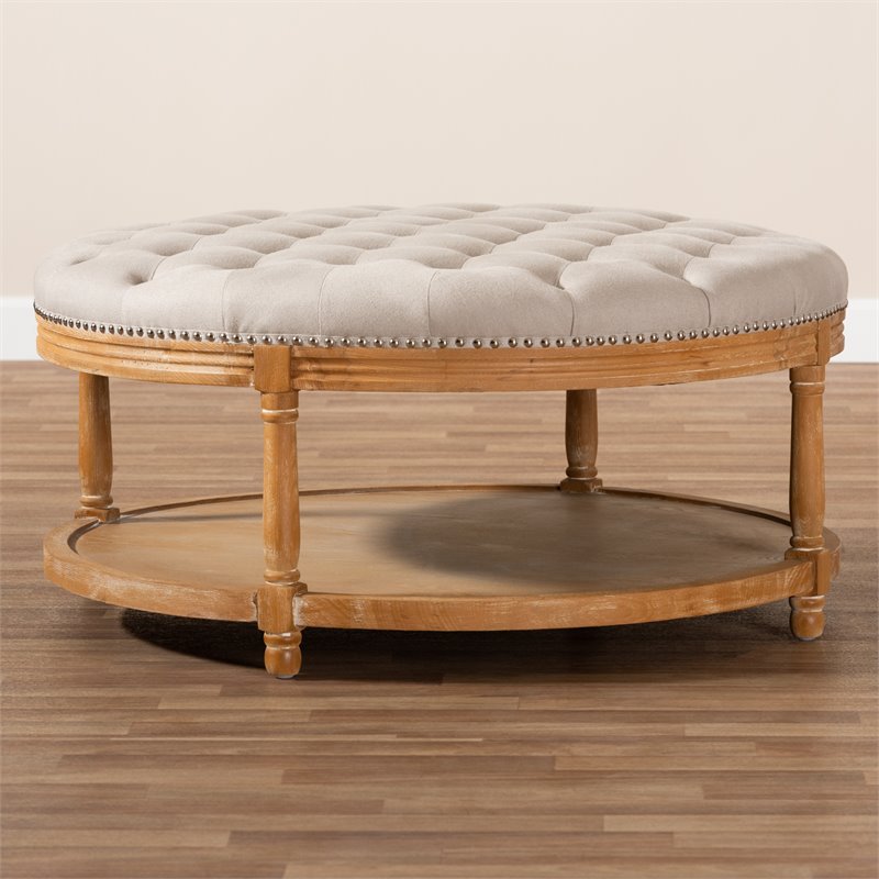 Baxton Studio Ambroise Tufted Linen Fabric and Washed Wood Coffee Table in Beige