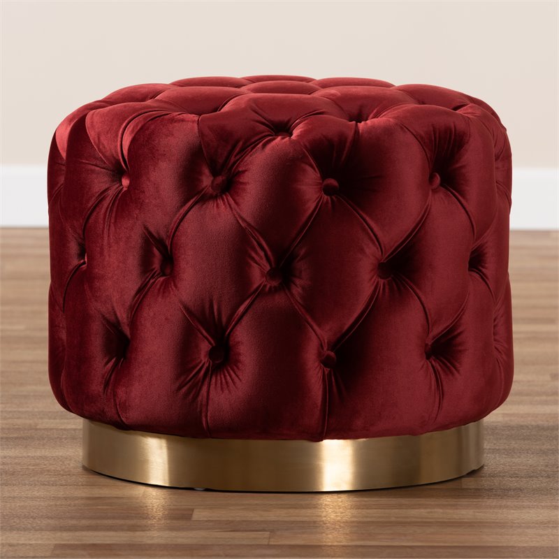 Baxton Studio Valeria Modern Tufted Velvet Ottoman in Red and Gold