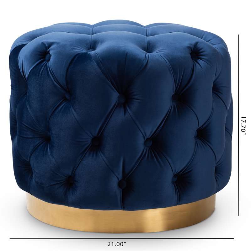 Baxton Studio Valeria Modern Tufted Velvet Ottoman in Navy Blue and Gold