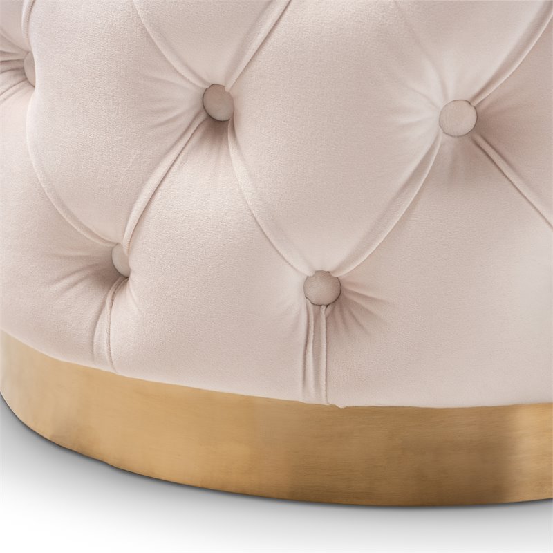 Baxton Studio Valeria Modern Tufted Velvet Ottoman in Light Beige and Gold