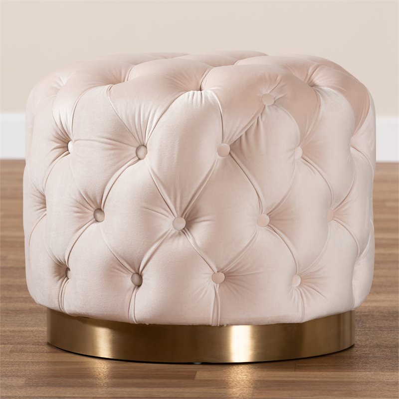 Baxton Studio Valeria Modern Tufted Velvet Ottoman in Light Beige and Gold