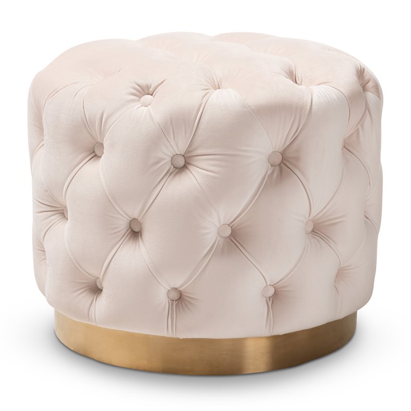 Baxton Studio Valeria Modern Tufted Velvet Ottoman in Light Beige and Gold