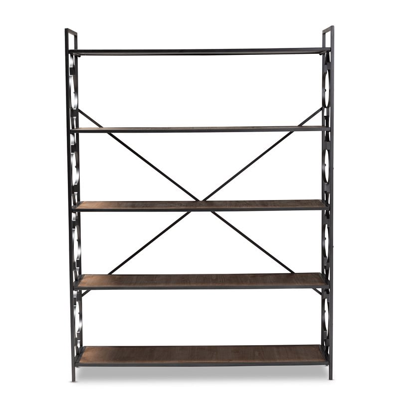 Baxton Studio Mirna Black Iron Metal and Oak Wood 5-Shelf Bookcase