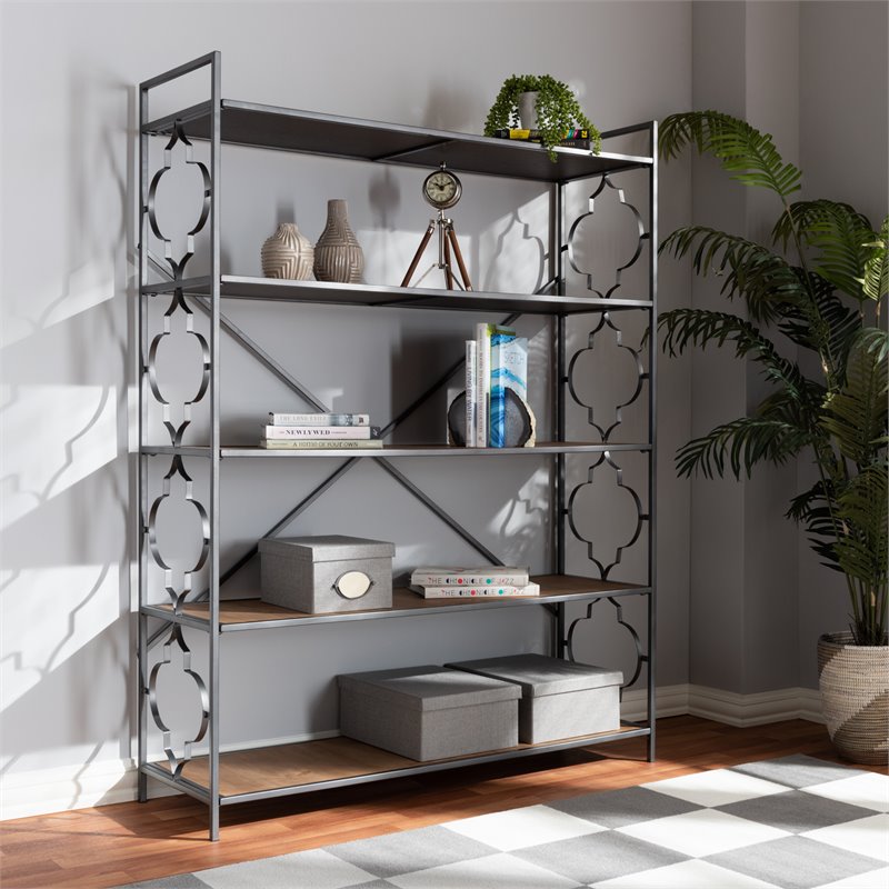 Baxton Studio Mirna Black Iron Metal and Oak Wood 5-Shelf Bookcase