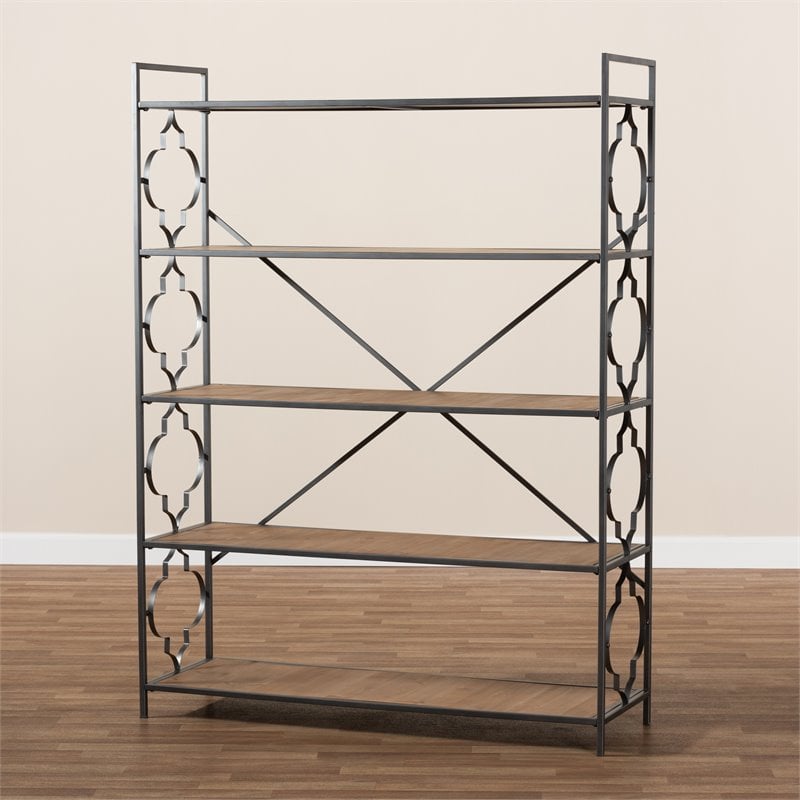 Baxton Studio Mirna Black Iron Metal and Oak Wood 5-Shelf Bookcase