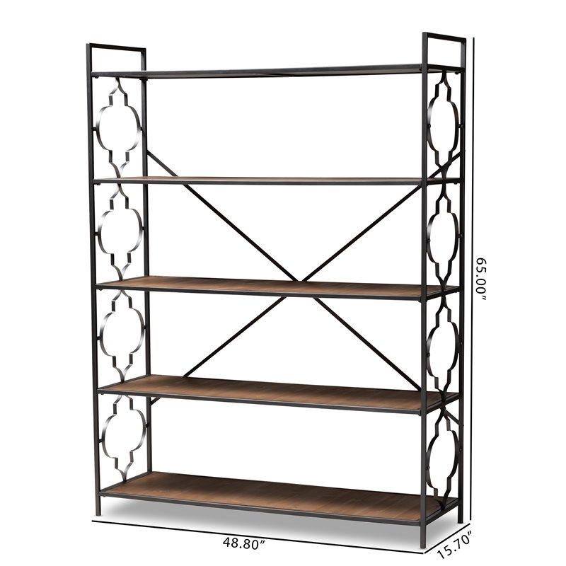 Baxton Studio Mirna Black Iron Metal and Oak Wood 5-Shelf Bookcase