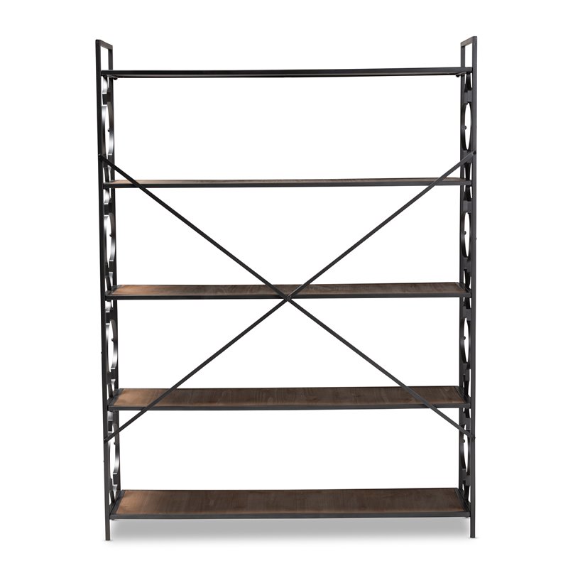 Baxton Studio Mirna Black Iron Metal and Oak Wood 5-Shelf Bookcase