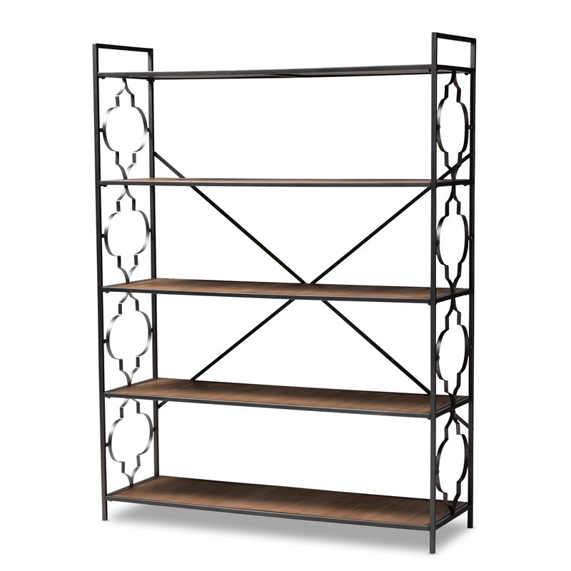 Baxton Studio Mirna Black Iron Metal and Oak Wood 5-Shelf Bookcase